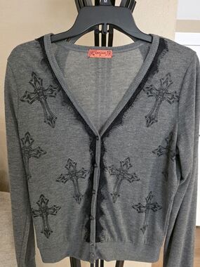 Spoiled Grey Cross-Print V-Neck Cardigan Sweater